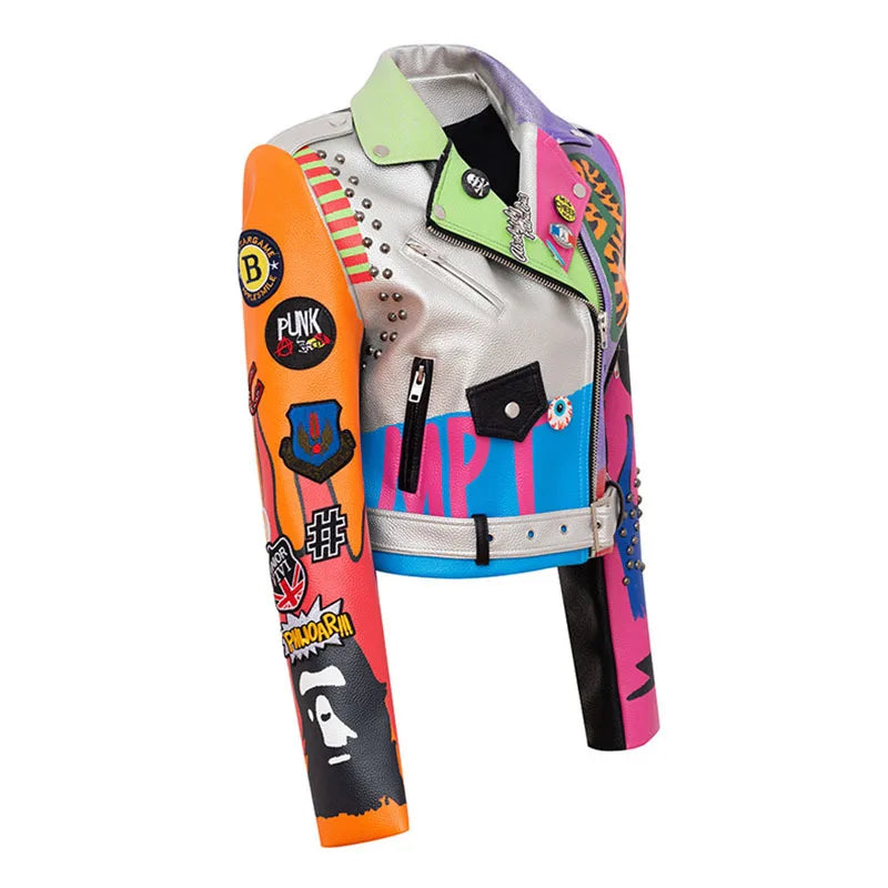 Cropped Leather Jackets Women Colorful Graffiti Studded Coat Punk Faux Leather Motorcycle Biker Jacket Ladies