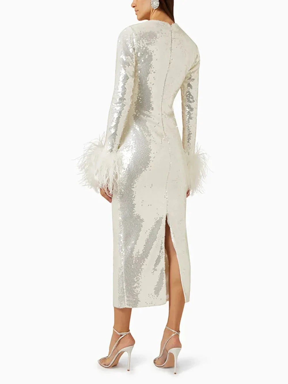 Modphy Women O Neck Long Sleeve Luxury Sequin Feather Bodycon Dress White Elegant Skinny Dress Celebrity Evening Party