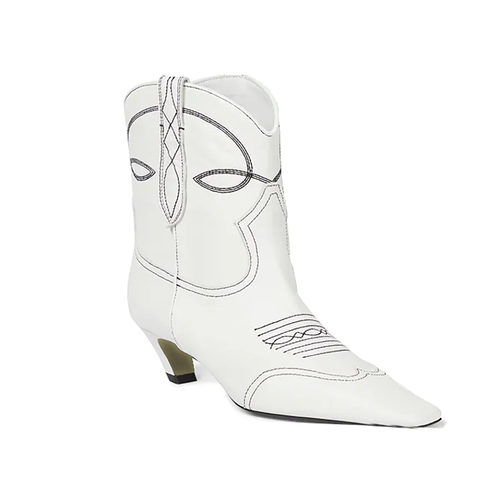 Autumn/Winter European American Women's Fashionable Comfort Versatile Short Ankle Boots Embroidered Western Boots white PU