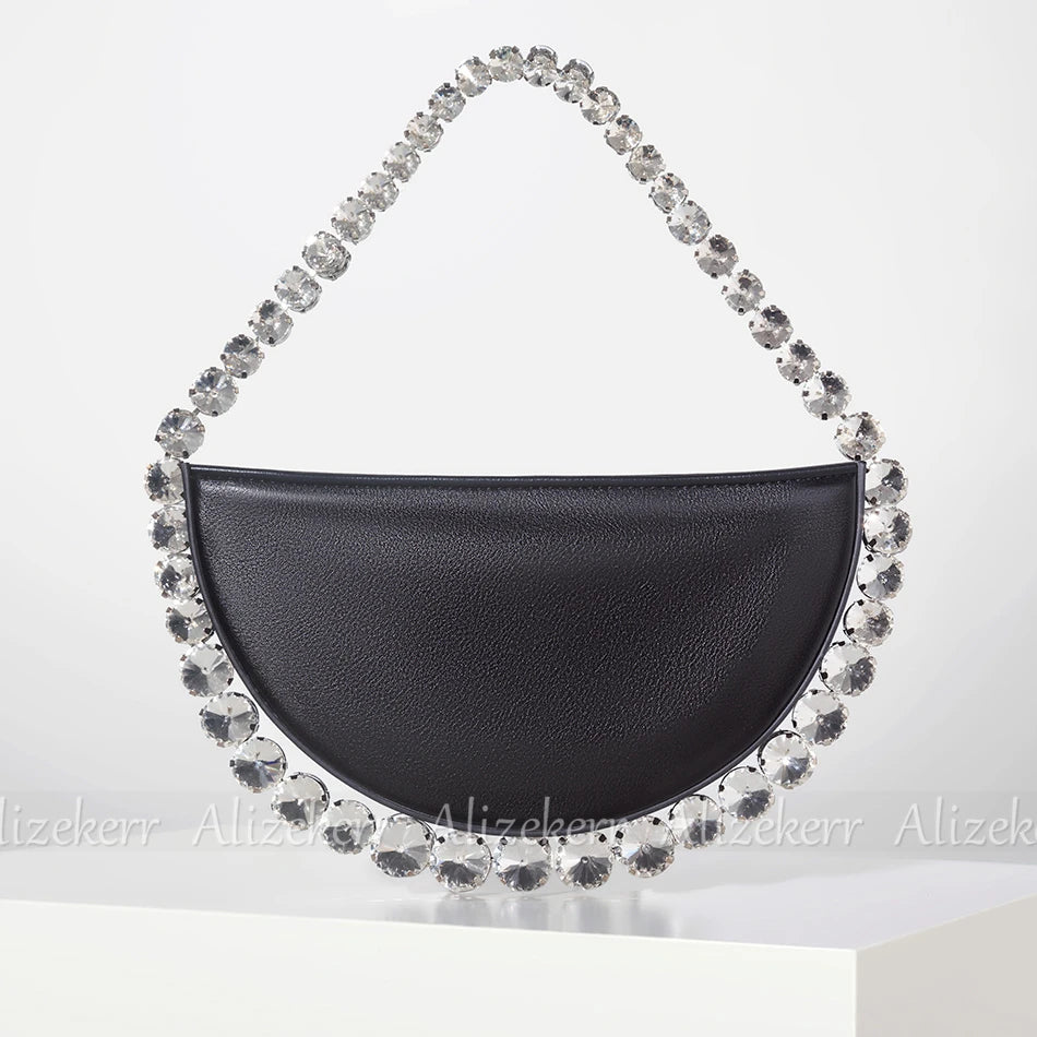 Shiny Crystal Sequines Round Evening Bags Women Luxury Designer Half Moon Rhinestone Wedding Clutch Purses And Handbags Party Black PU L20 x W4 x H10cm