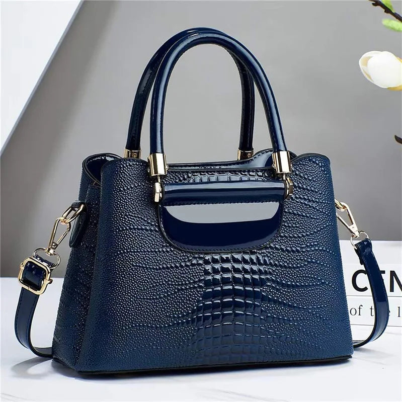Women's Simple Crocodile Stripe Handbag Luxury Middle-aged Hand Bag Purse Fashion Shoulder Bag Designer Brand Bags женский Bolsa Blue