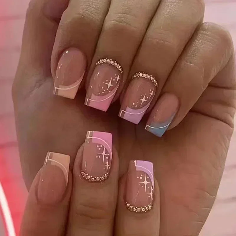 24Pcs Fashion Fake Nails Press on Short Square Head False Nail Art Black Starlit Sky Design Artifical Full Cover Nail Tips