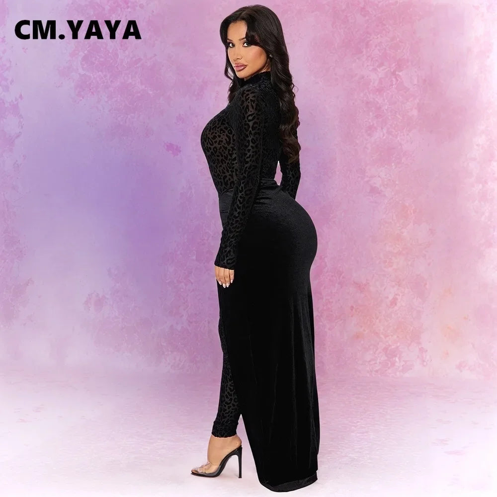 CM.YAYA Women's Set Leopard Velvet Long Sleeve Jumpsuits +Long Skirts 2025 Spring Streetwear Sexy Party Two 2 Piece Sets Outfits