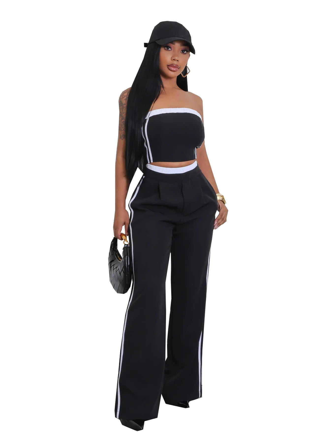 CM.YAYA 2025 Women's Set Sleeveless Ribbon Strapless Tops + Wide Leg Pants Fitness Streetwear Two 2 Piece Sets Outfits Tracksuit