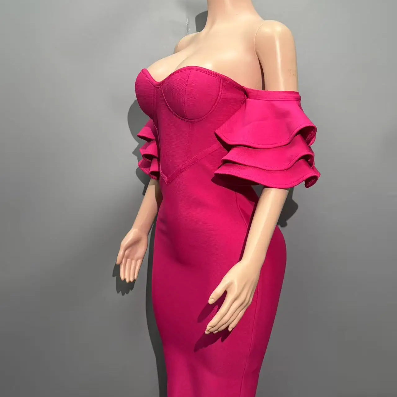 Rosered Color Women Sexy Strapless Ruffles Bodycon Mini Bandage Dress Celebrate Nightclub Party Birthday Vacation Outfit