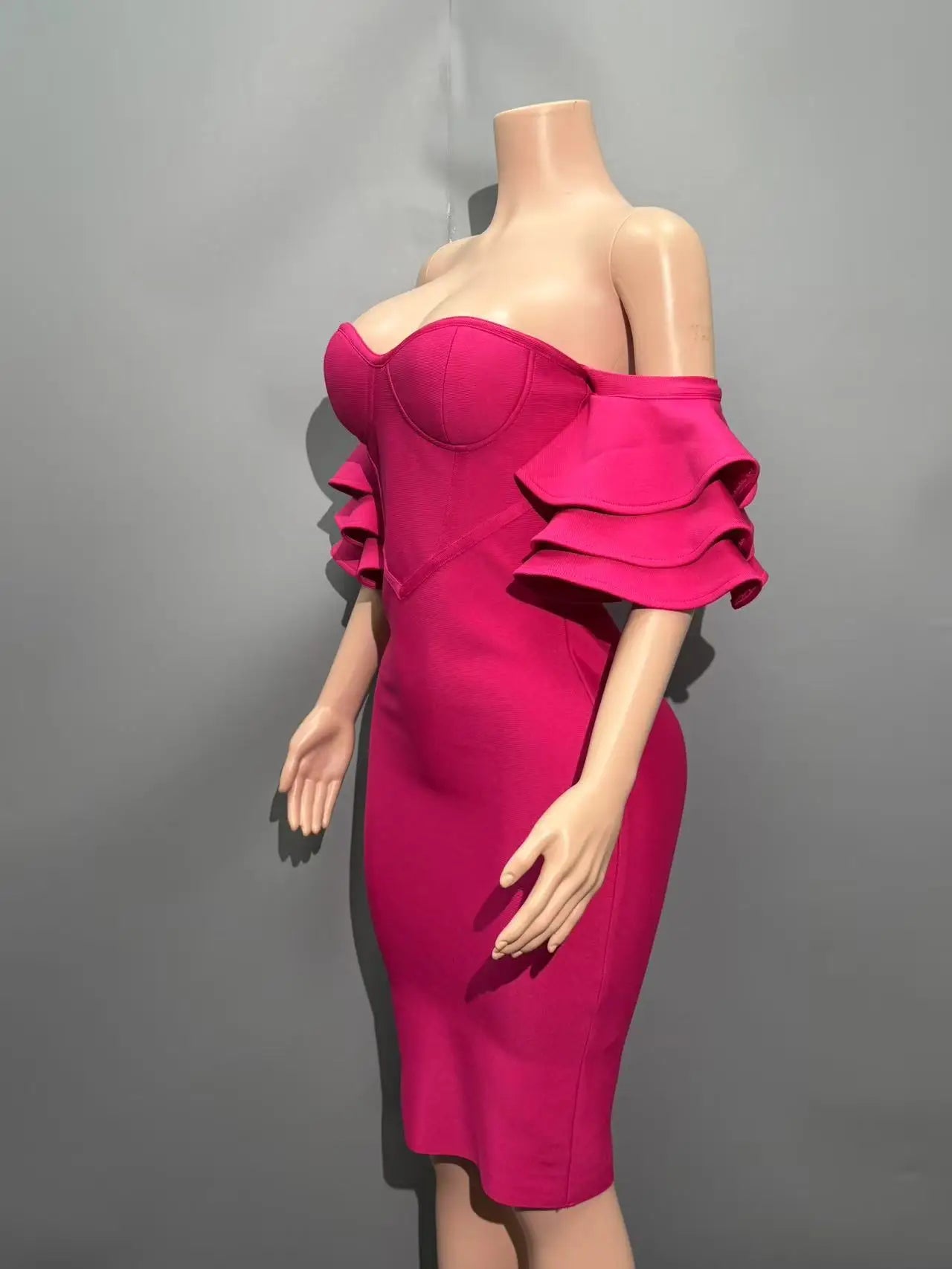 Rosered Color Women Sexy Strapless Ruffles Bodycon Mini Bandage Dress Celebrate Nightclub Party Birthday Vacation Outfit