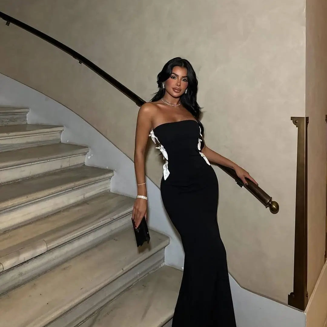 High Quality Women Sexy Strapless Side Bow Bodycon Long Bandage Dress Celebrate Birthday Party Evening Dress Outfit