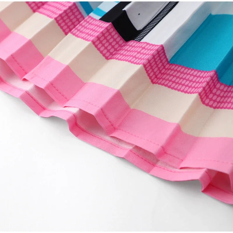 Elegant Print Short Shirt Skirts Sets Women Pink Lantern Long Sleeve Shirts Mini Pleated Female Summer Slim Ladies Suit