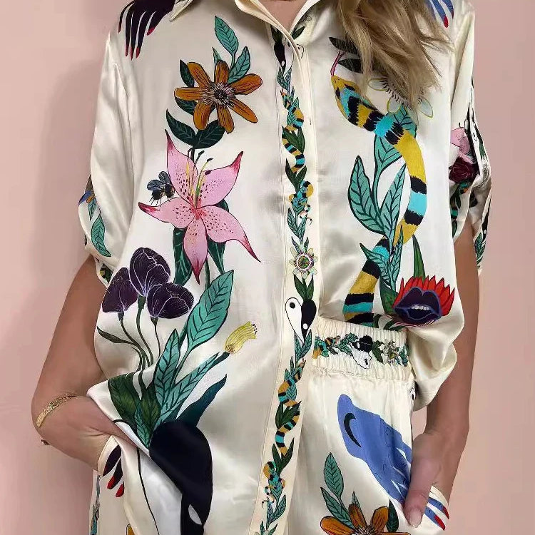 2 Piece Sets Women Outfit Summer New Bohemian Style Printing Half Sleeve Shirt Suits Fashionable Casual Loose Wide Leg Pant Set tops