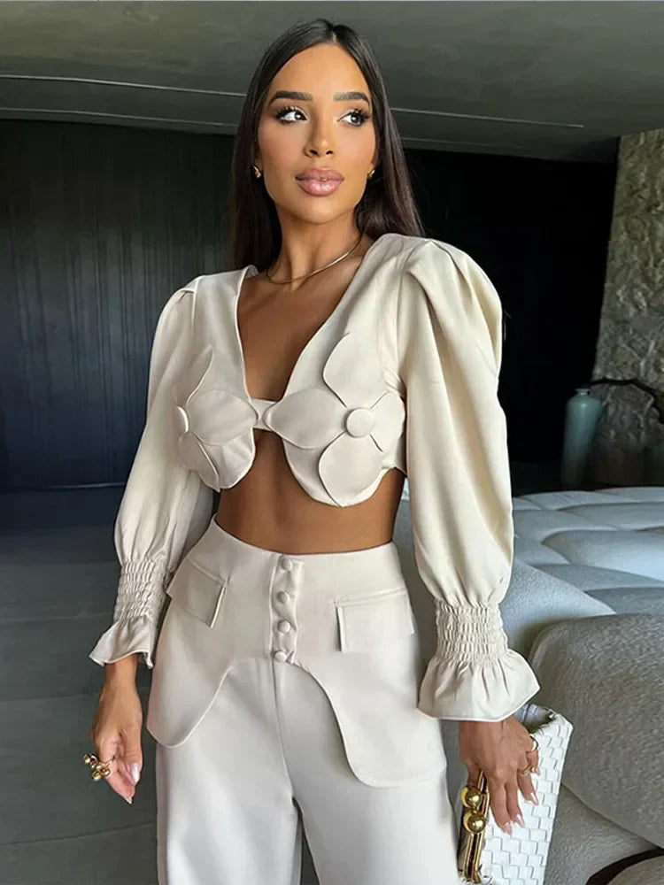 Sexy Flare Sleeve Blouse & Trouser Set Women Chic V Neck Backless Crop Top High Waist Wide Leg Pants Suit Spring Outfits