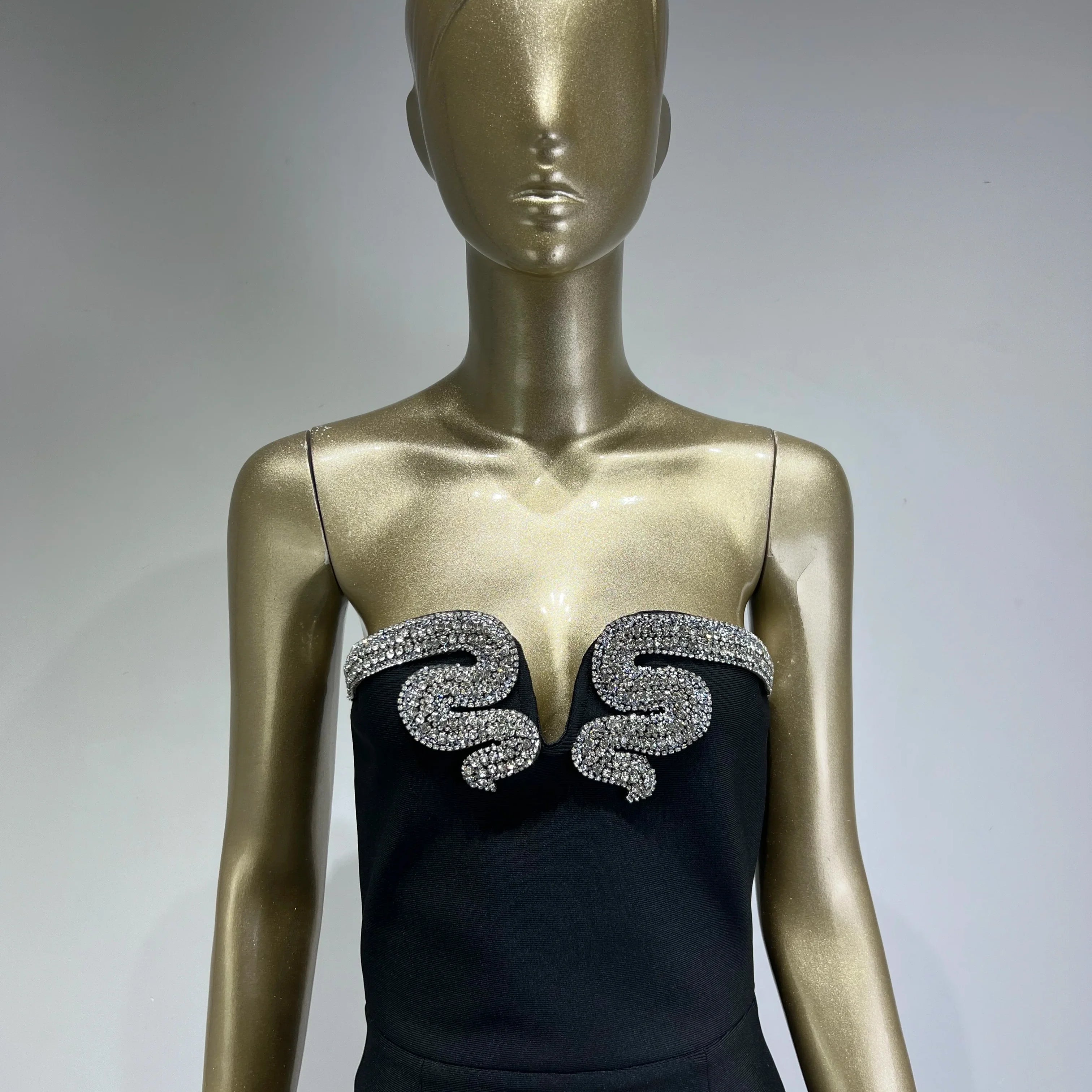 Women Celebrity Sexy Strapless Backless Diamonds Black Maxi Long Bodycon Bandage Dress Elegant Evening Club Party Dress