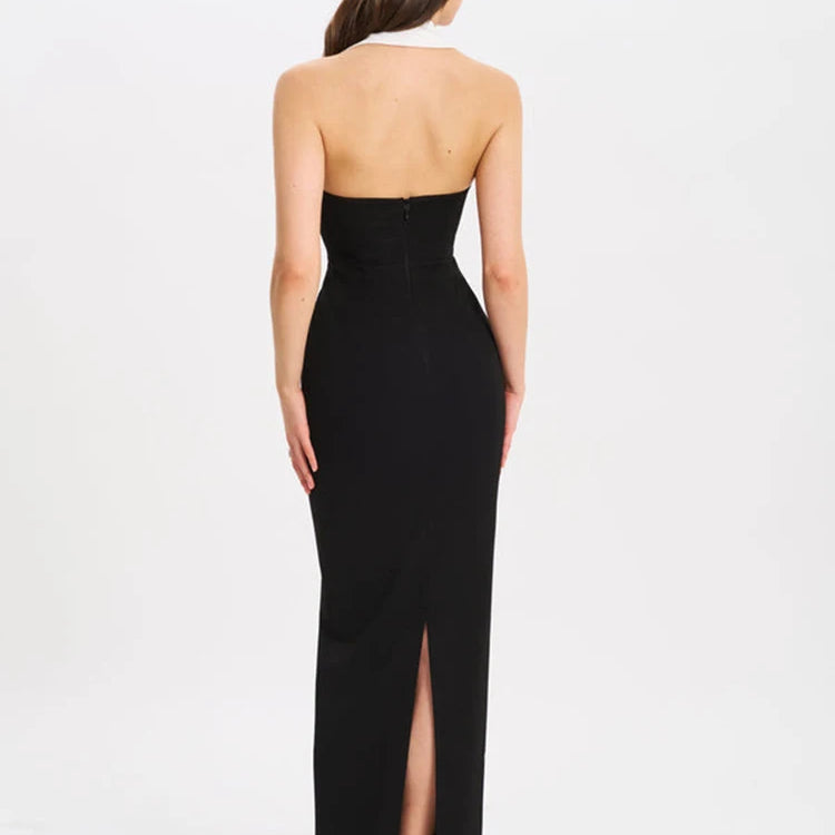 Halter Backless Sexy Maxi Dress For Women Gown Contrast Color Notched Collar Sleeveless Bodycon Club Party Tank Dress
