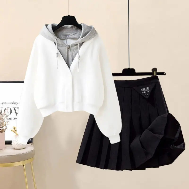 Autumn New Plush and Thick Patchwork Hoodie Jacket Pleated Mini Skirt Two-piece Elegant Women's Skirt Set Outfits 2pcs set 09