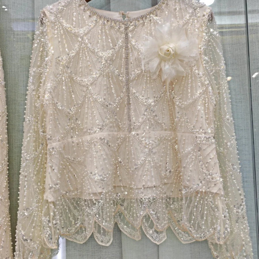 TWOTWINSTYLE Spliced Bead Luxurious Two Piece Sets for Women Round Neck Long Sleeve Patchwork 3D Flower Top Skirt Set Female New