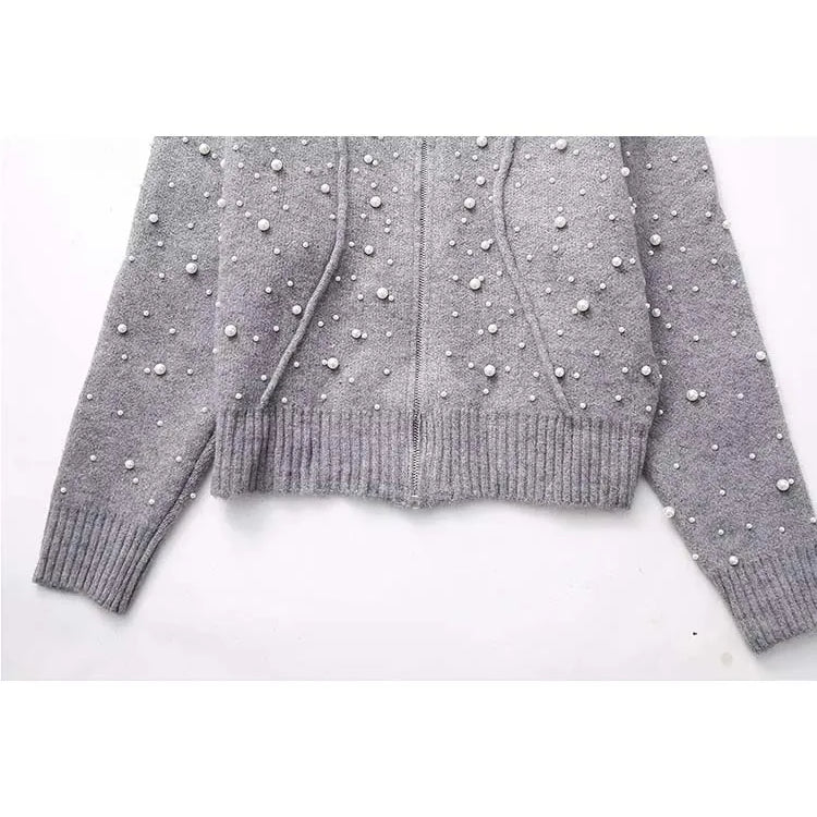 Artificial Pearls Cropped Jacket Women Knitted Coat Woman Long Sleeve Autumn Bomber Jackets For Women Short Coats