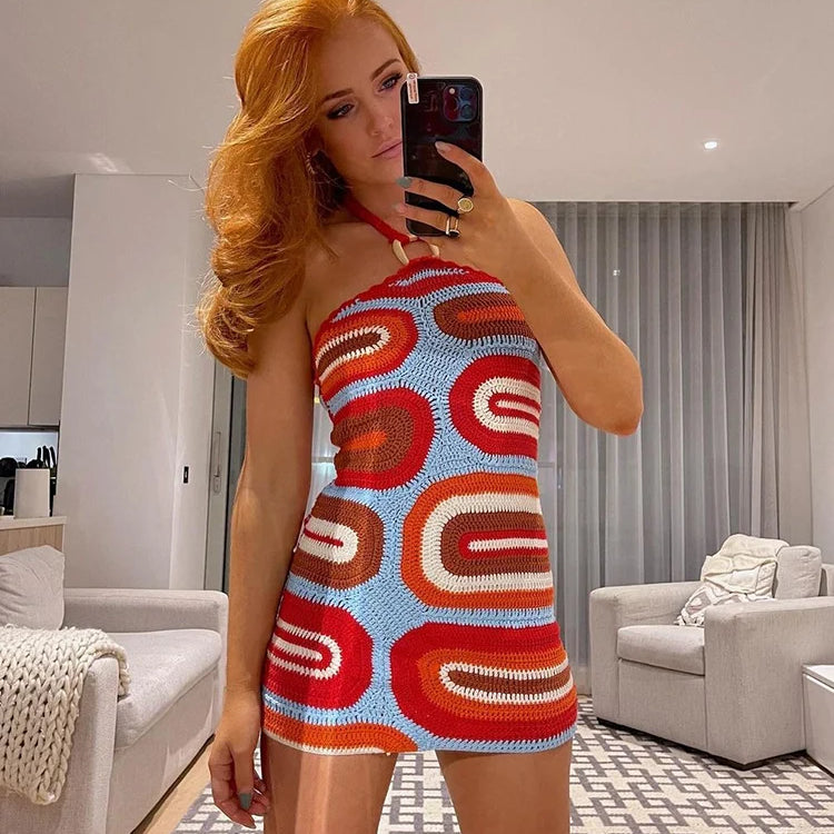 Weird Puss Fake Knit Print Dress Women Summer Fashion Backless Colorful Halter Mini Bodycon Skinny Stretch Streetwear Clothes Blue