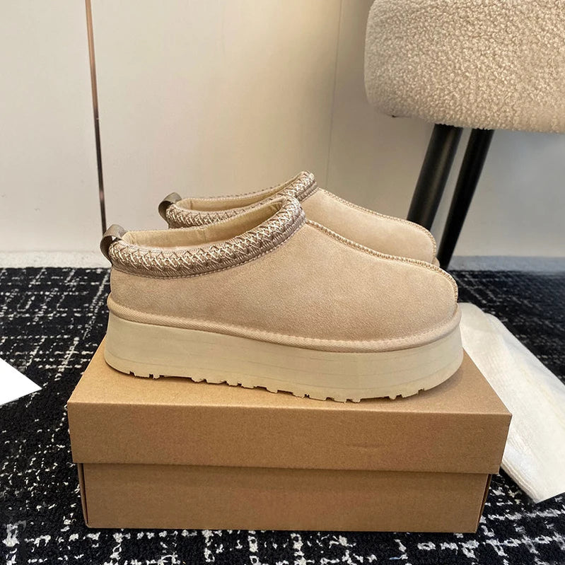 snow boots shoes women slippers slides furry paltform winter high quality free shipping Ankle leather fur ladies Beige