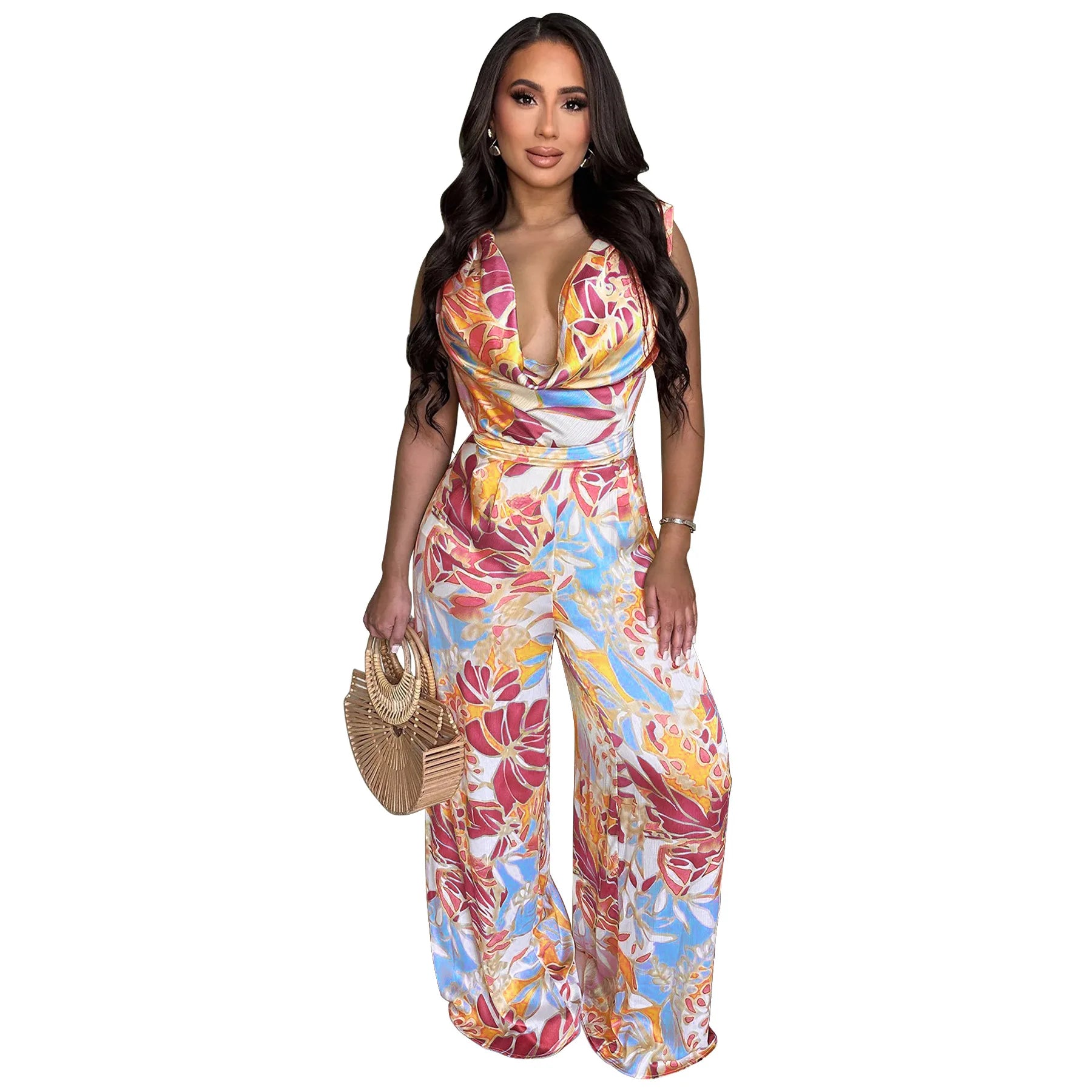 CM.YAYA Leaf Printed Women Wide Leg Pile Neck Sleeveless Satin Jumpsuits 2025 Summer Beach Club Playsuit One Piece Suit Romper