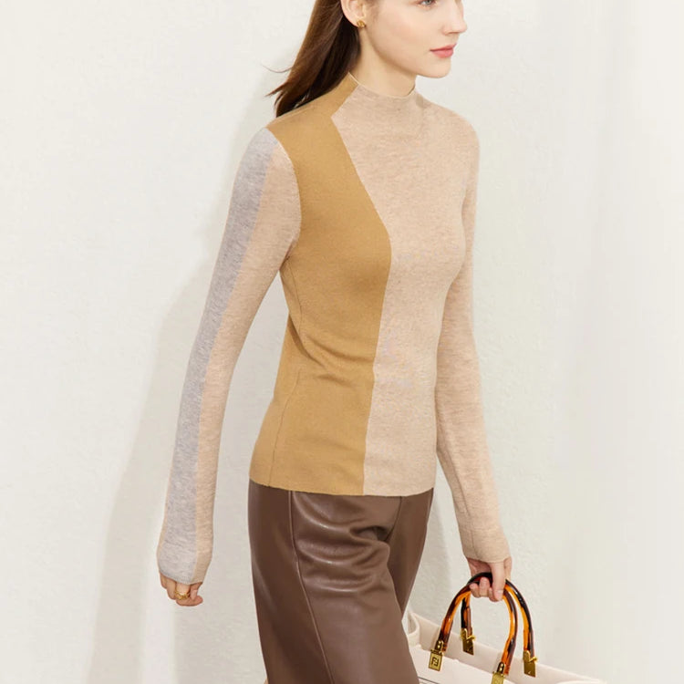 Minimalism Knitted Sweater Women Autumn All-match Slim Half High Collar Splicing Design Soft Clothing Tops