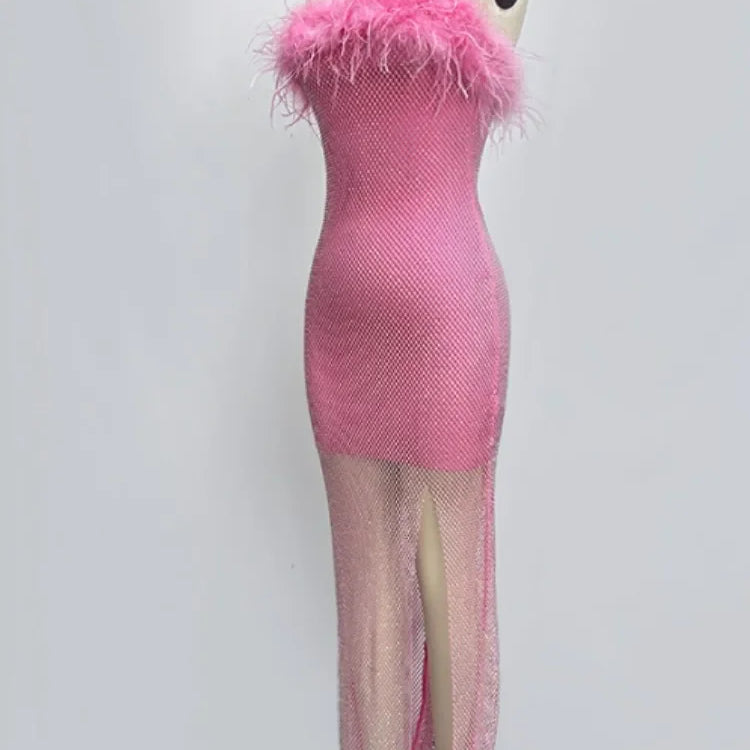 Women Sexy Strapless Ostrich Feathers Pink Crystal  Bodycon Bandage Dress 2024 High Street Shineing Split Party Dress Vestido