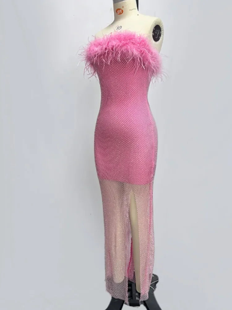 Women Sexy Strapless Ostrich Feathers Pink Crystal  Bodycon Bandage Dress 2024 High Street Shineing Split Party Dress Vestido