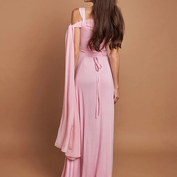 Pink Cape Sleeve Sexy Maxi Dress For Women Off-shoulder Backless Gown Elegant Skew Collar Lace-up Long Dress Vestido