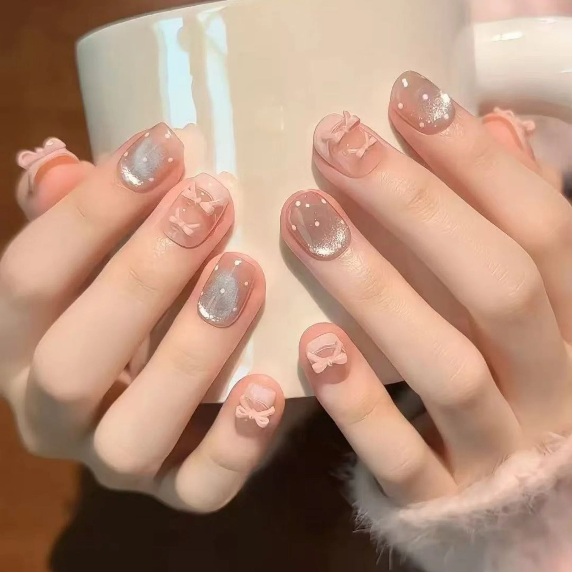 10pcs Pink French Handmade Nails Sets Press on Glitter Cat's Eye Short Square Round Fake Nails Tips Detachable Simple False Nail