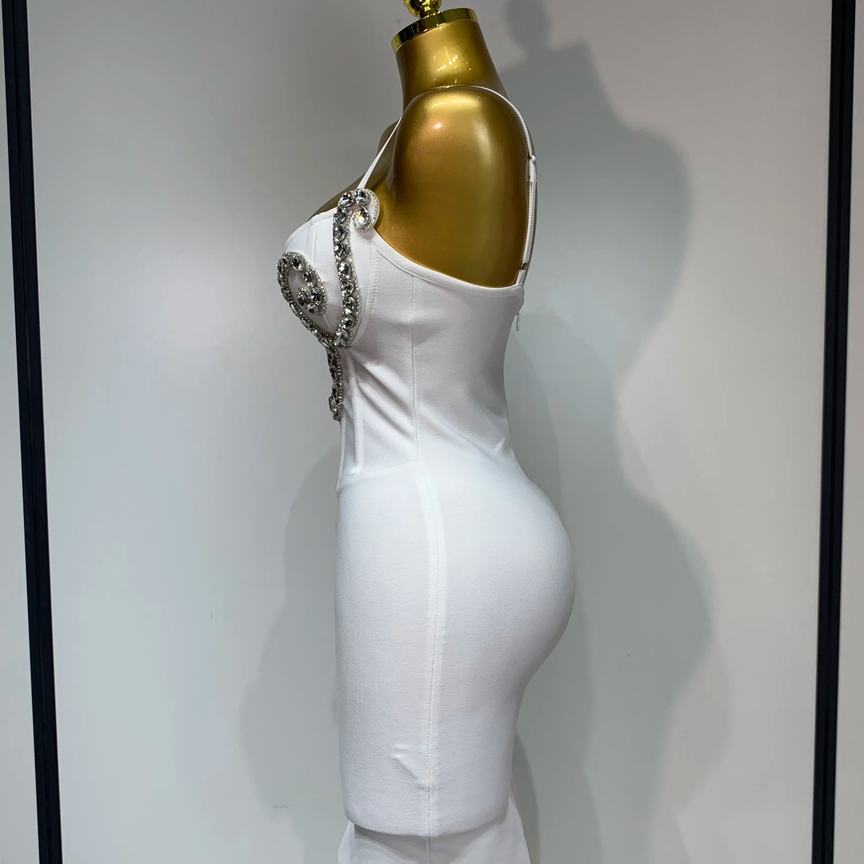 Women Sexy Spaghetti Strap V Neck Crystal Sleeveless Bandage Dress White Elegant Evening Party Cocktail  Luxury Birthday Gowns