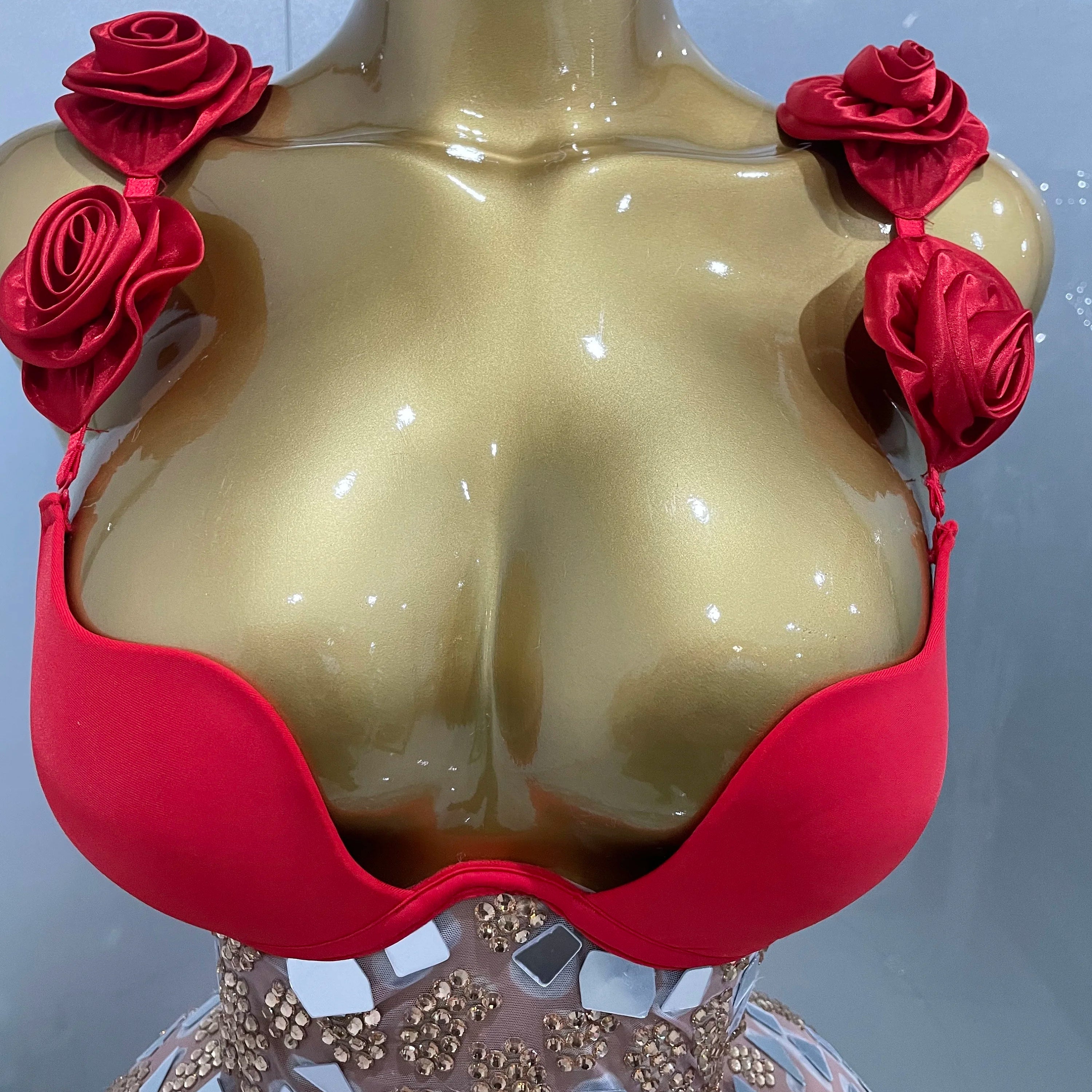 Sexy Sparkly Rhinestones Mesh Mirrors Red Roses Long Dress  2025 New Women Elegant Evening Party Club Stage performance Costume