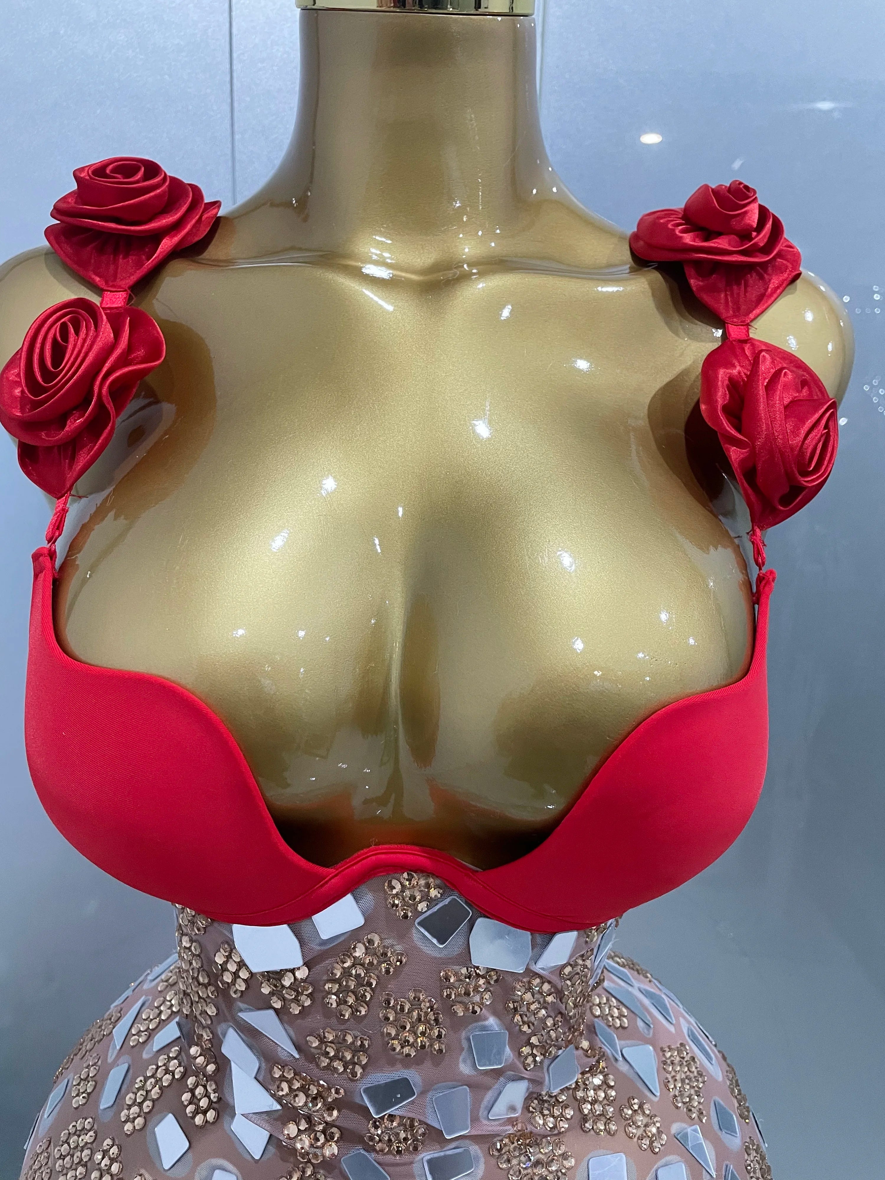 Sexy Sparkly Rhinestones Mesh Mirrors Red Roses Long Dress  2025 New Women Elegant Evening Party Club Stage performance Costume