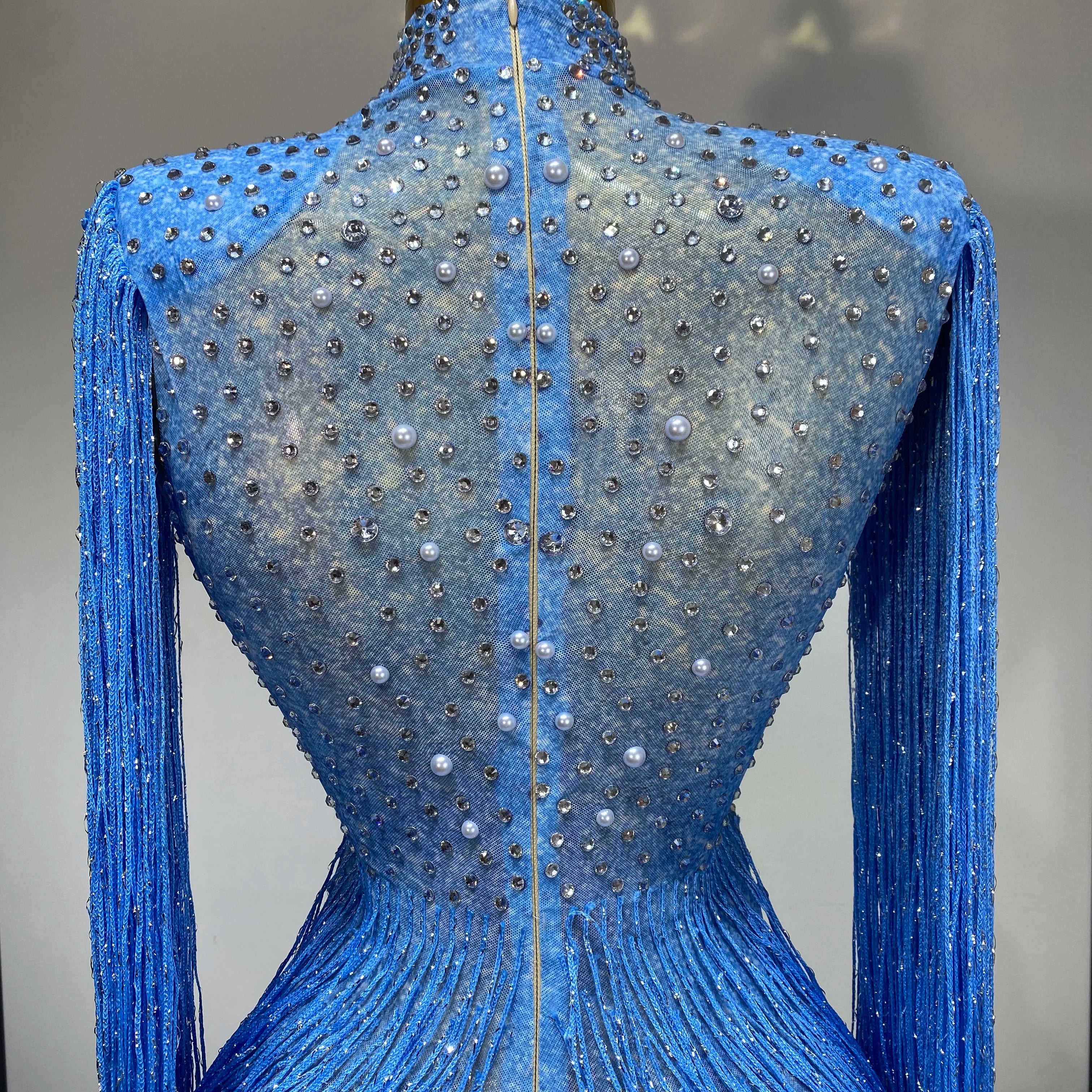 Sparkly Luxury Tassel Bodysuit High Street Strech Transparent Performance Dance Costume Nightclub Celebrate Stage Outfit