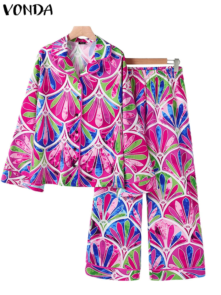 Plus Size 5XL VONDA Women Vintage Printing Long Sleeve Tops Wide Leg Pant Sets Outfits 2025 Casual Loose Bohemian 2 Piece Suits