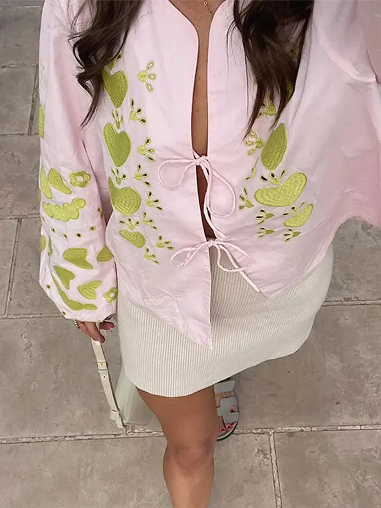 Women Casual Print Lace Up Long Sleeves Shirt Elegant Lady Loose Puff Sleeve Top Spring Fashion Female Commute Streetwear