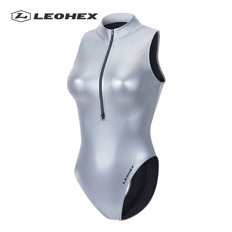 LEOHEX Sexy Matte Black Leotards Sleeveless Bodysuit High Cut One Piece Swimwear Women Swimsuits Japanese Bathing Suits Silver