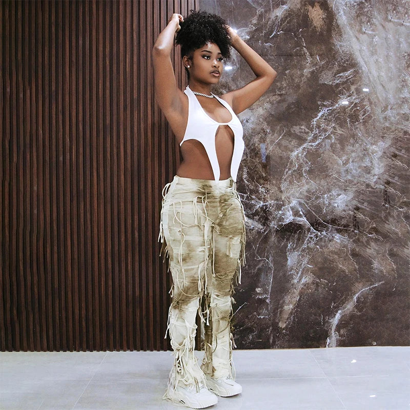 Autumn Tie-Dye Color Tassel High Waist Pants Thin Casual Flared Pants Female Slim Version Of The Peculiar Fashion Stre