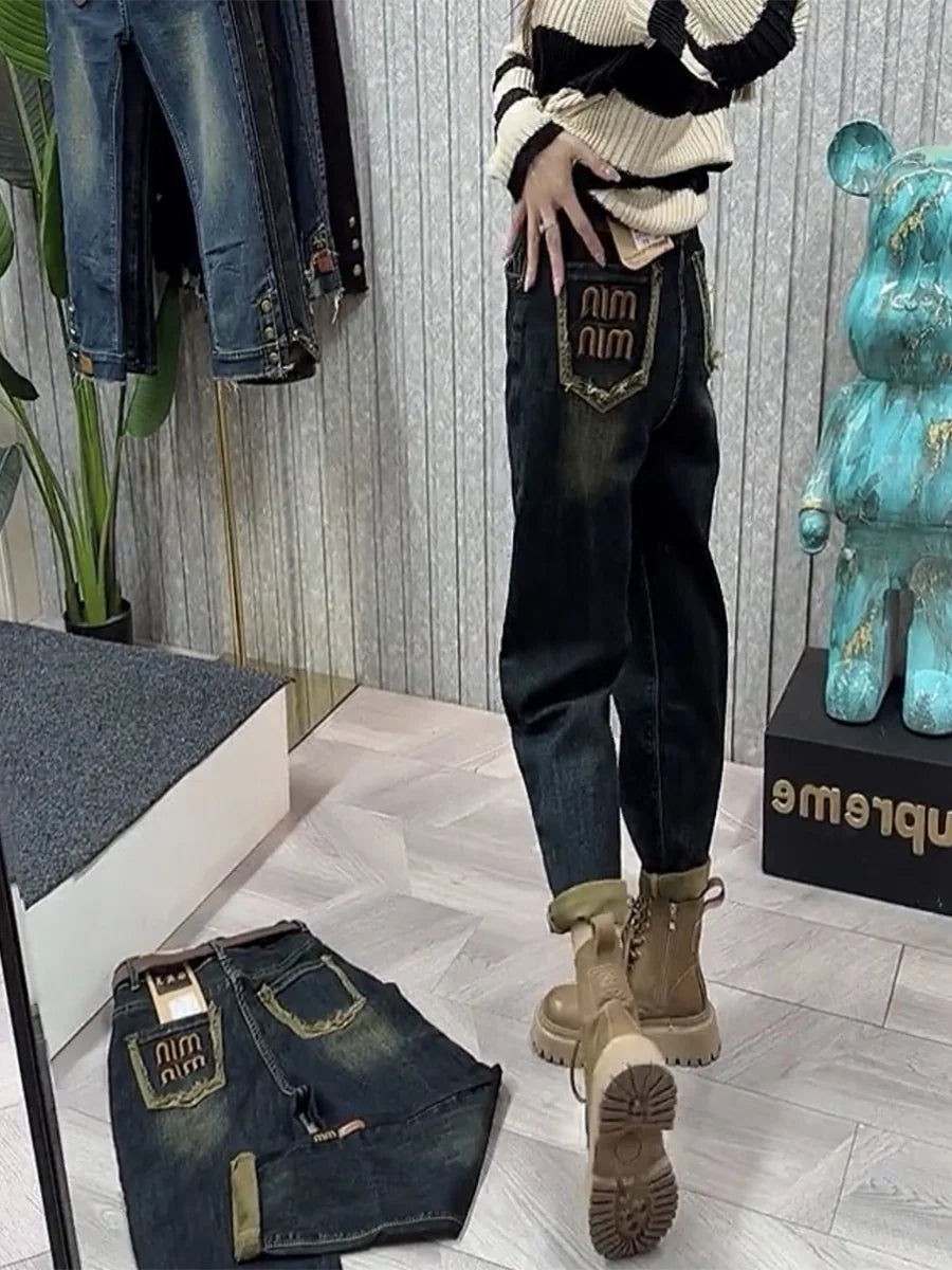 Y2k Jeans Women's Jeans Large Size High Waist Lean Elastic Thick Design Retro Fashion Women's Pants Harun Pants