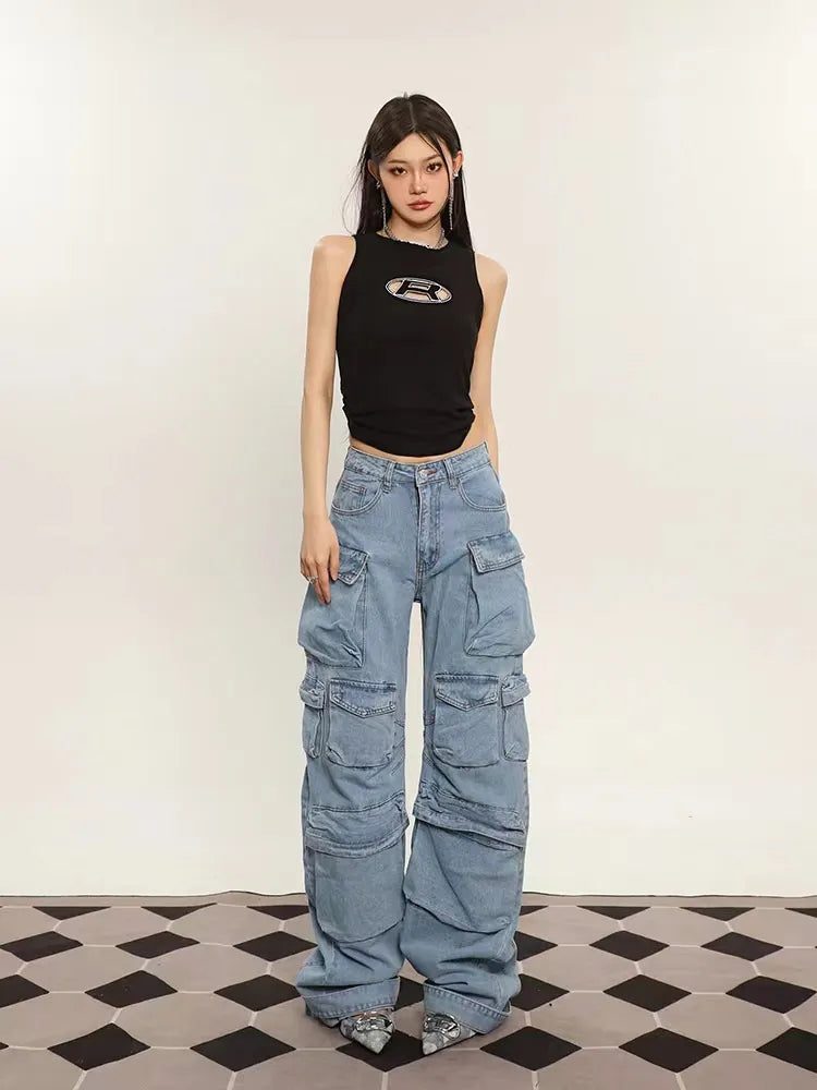 Grunge Punk High Street Style Oversized Cargo Jeans Women Spring Autumn Y2K Korean Fashion Pockets Loose Denim Boyfriend Pants