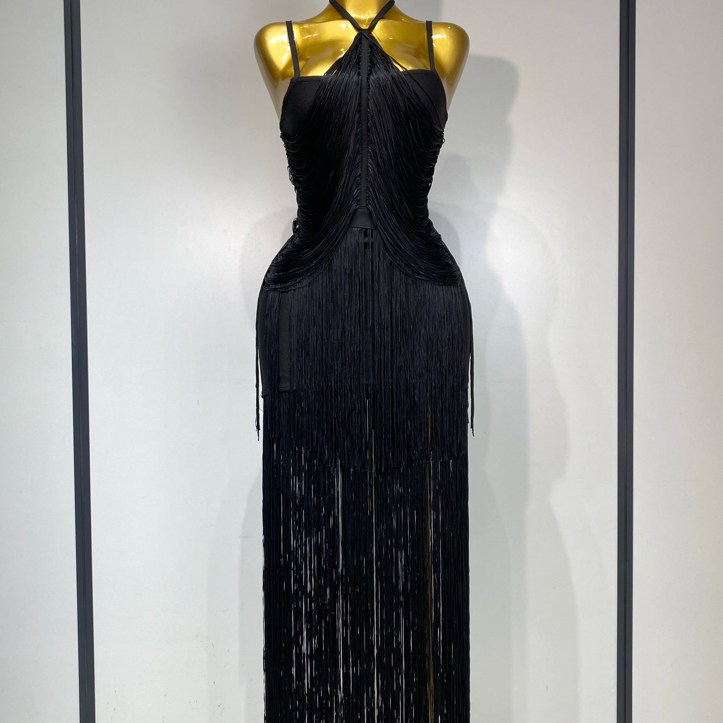 Women Sexy Backless Tassel Black Ankle Bodycon Bandage Dress 2025 Celebrity Elegant Evening Club Luxury Birthday Party Dresses