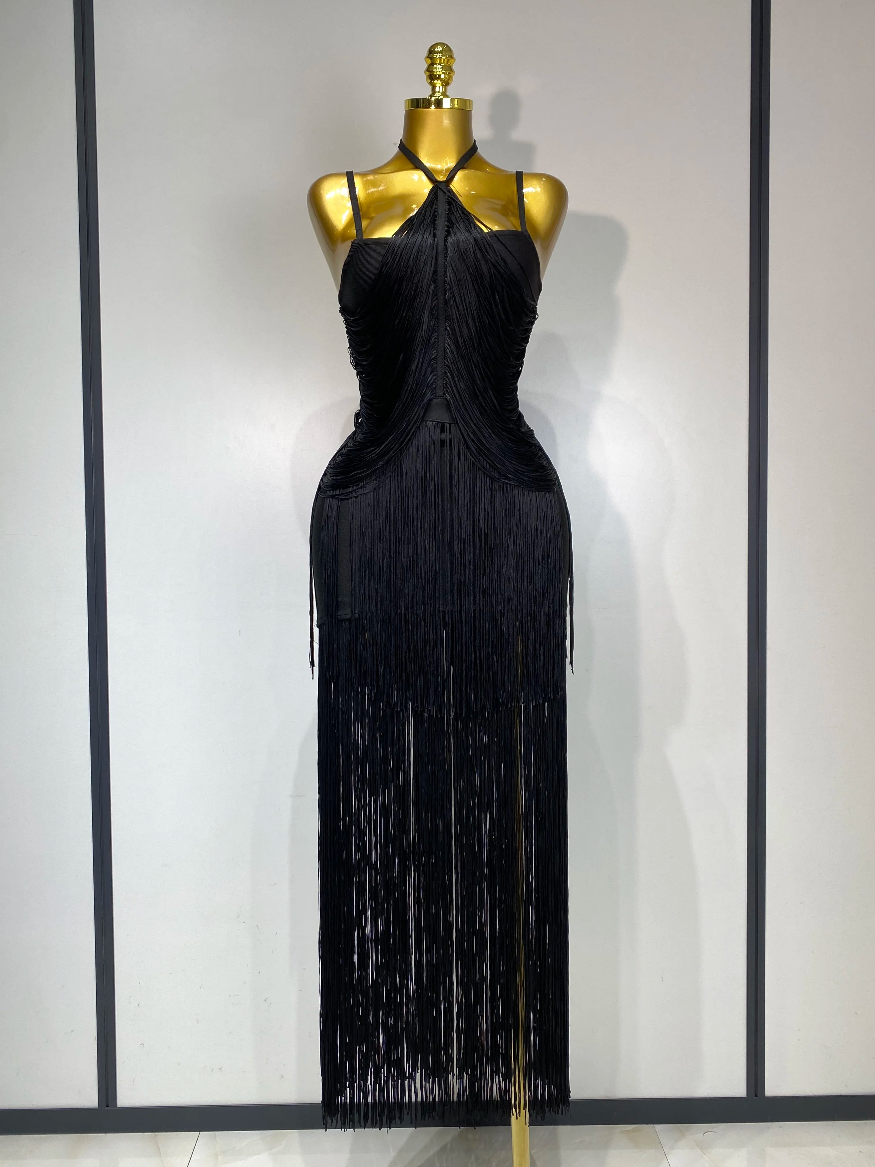 Women Sexy Backless Tassel Black Ankle Bodycon Bandage Dress 2025 Celebrity Elegant Evening Club Luxury Birthday Party Dresses