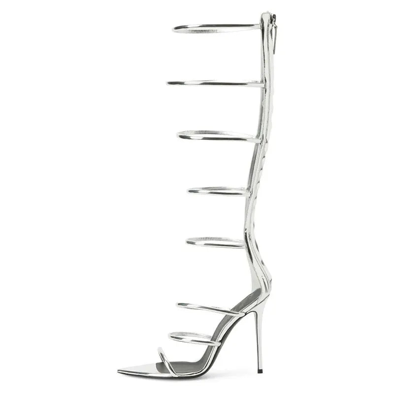 Women's New Open Toe Lacquer Leather Slim High Heel Sandals Fashion Belt Buckle Back Zipper Show Fashion Cool Boots