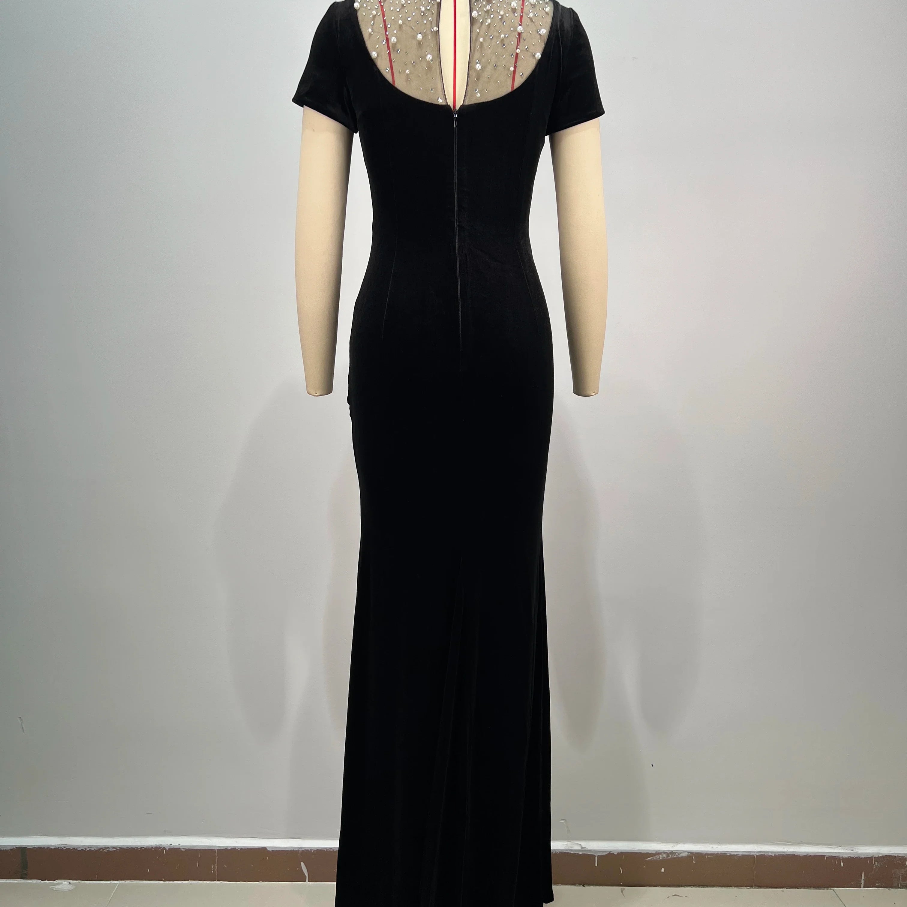 Women Short Sleeve Pearl Beading Velvet Bodycon Long Dress Elegant Evening Party Celebrate Cocktail  Dress