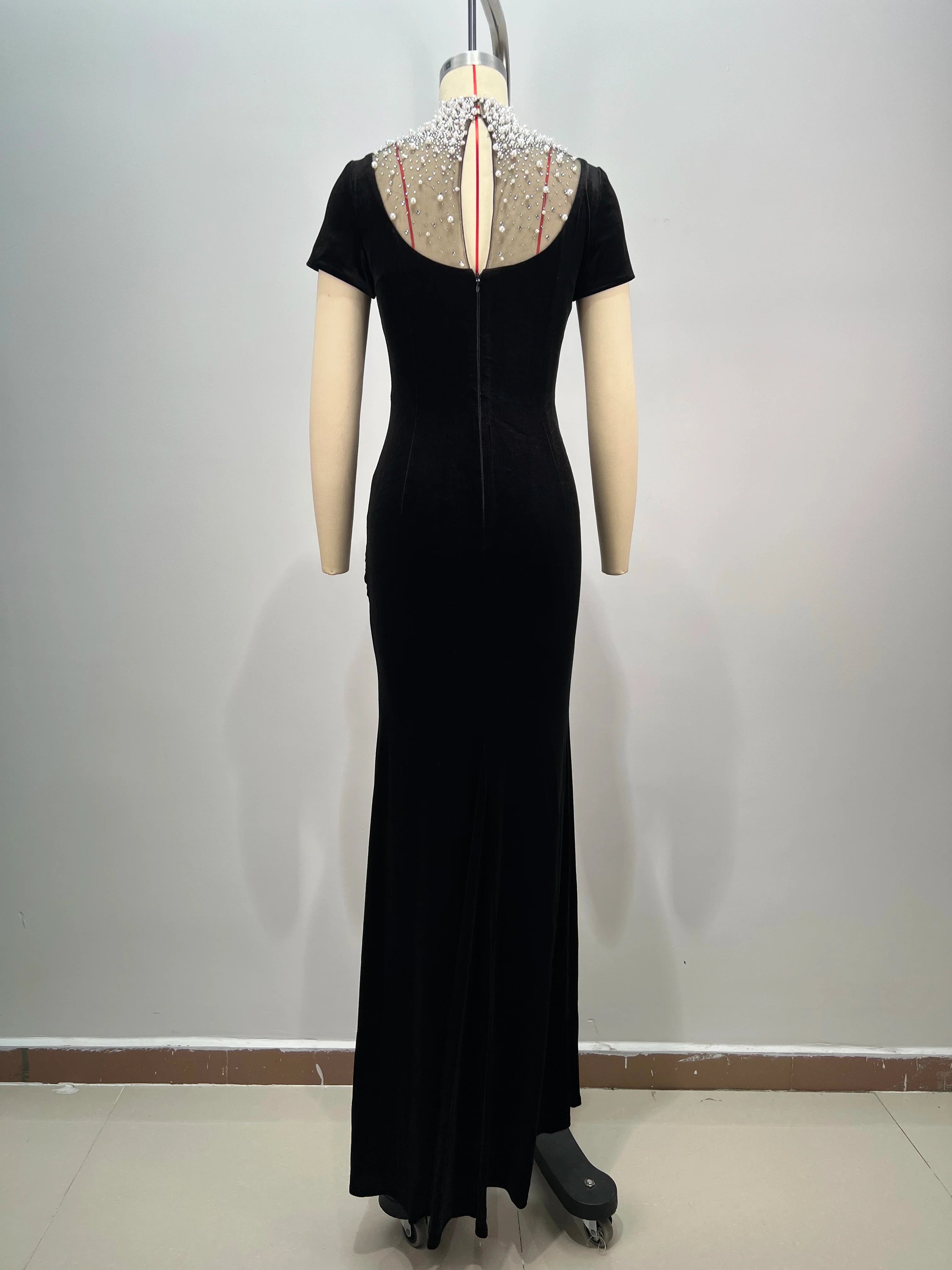 Women Short Sleeve Pearl Beading Velvet Bodycon Long Dress Elegant Evening Party Celebrate Cocktail  Dress