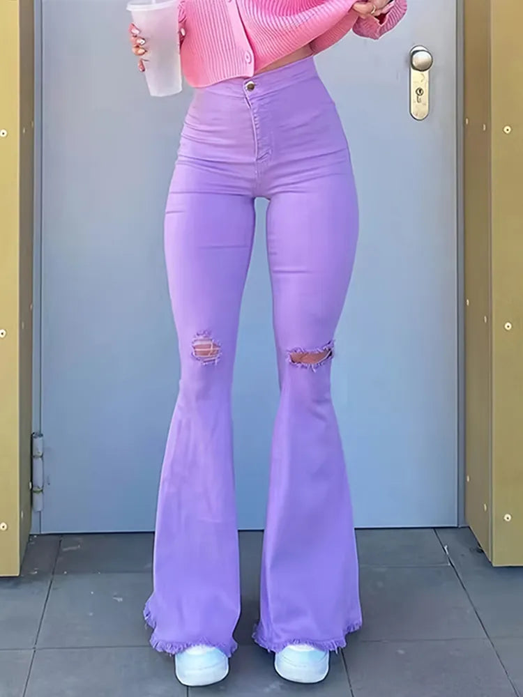 90S Y2k Flared Jeans Women High Waist Fashion Streetwear Purple Stretch Baggy Mom Jeans Wide Leg Pants Ripped Denim Trousers Purple