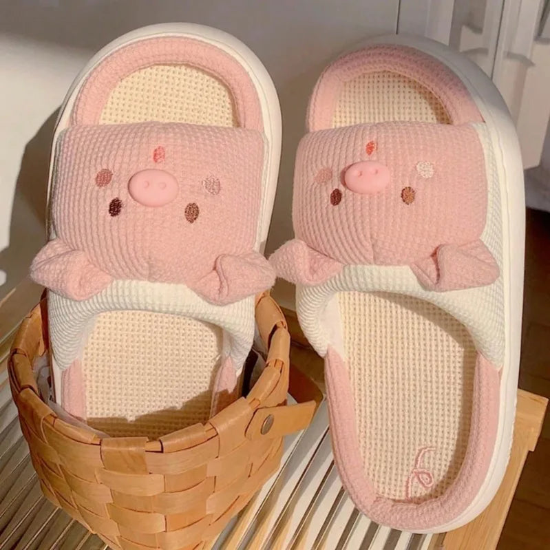 Pink 3.5cm Fashion Soft Ladies Casual Cute Piggy Pattern Design Comfortable Female Linen Home Slippers
