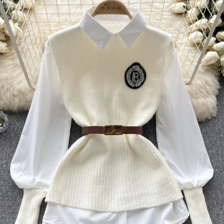 Loose White Shirt Long Sleeve Top Women's Belt Slit Knit Vest Korean Fashion Two Piece Set for Women Blouse Spring New Beige