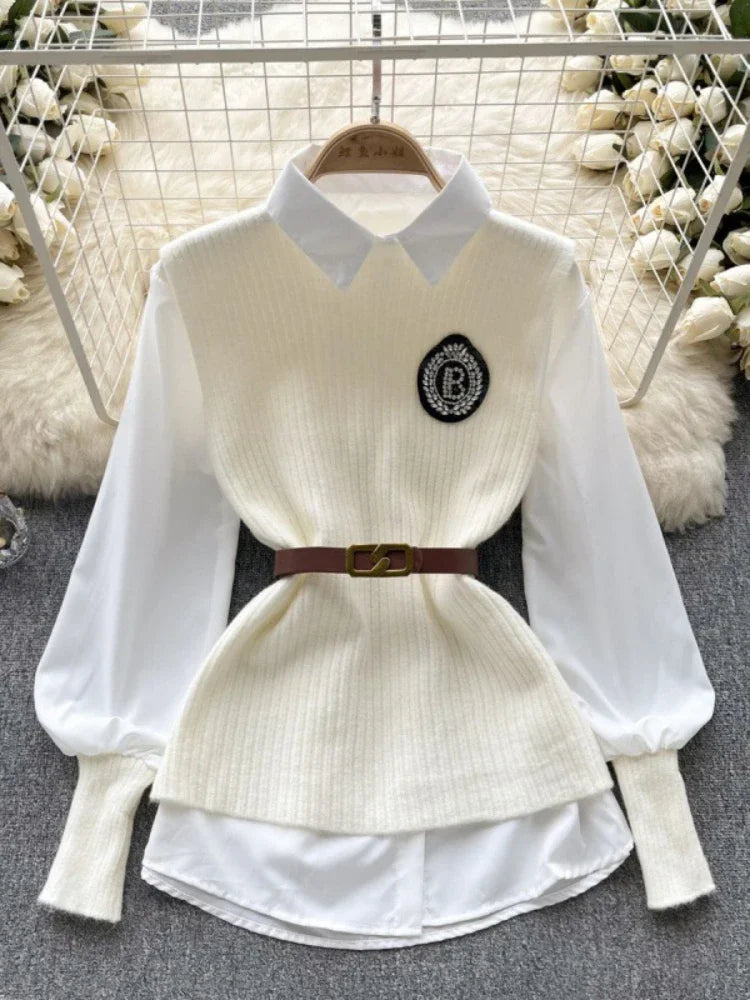 Loose White Shirt Long Sleeve Top Women's Belt Slit Knit Vest Korean Fashion Two Piece Set for Women Blouse Spring New Beige