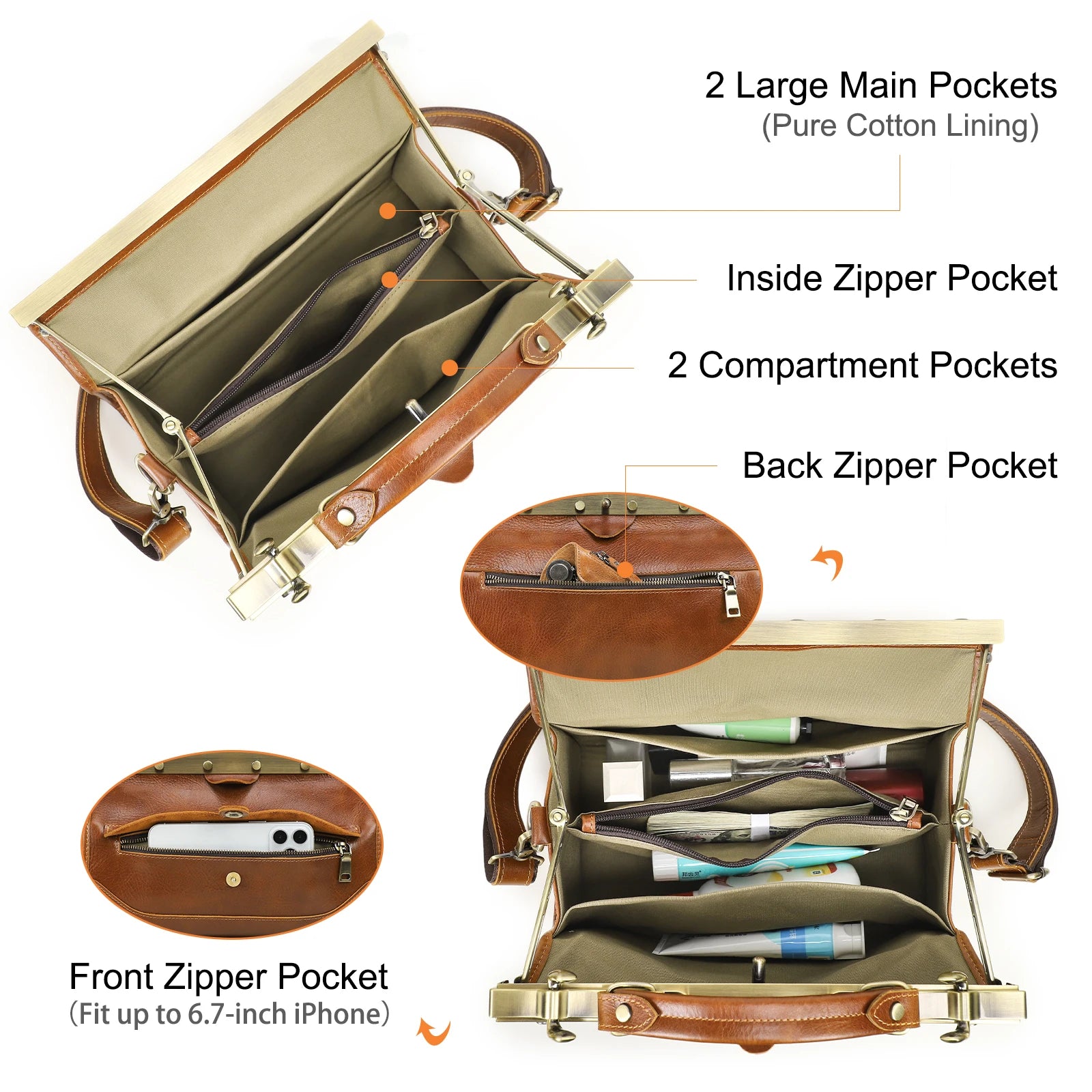 CONTACT'S Genuine Leather Top Handle Bags for Women Sling Shoulder Bags Tote Bag Handbags Metal Frame Female Bags Office Ladies