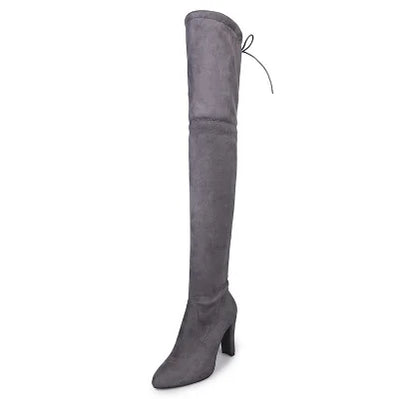 Sexy Party Fashion Suede Leather Shoes Women Over The Knee Heels Boots Stretch Flock Pointed Thick Heel Botas Black Long Boots gray