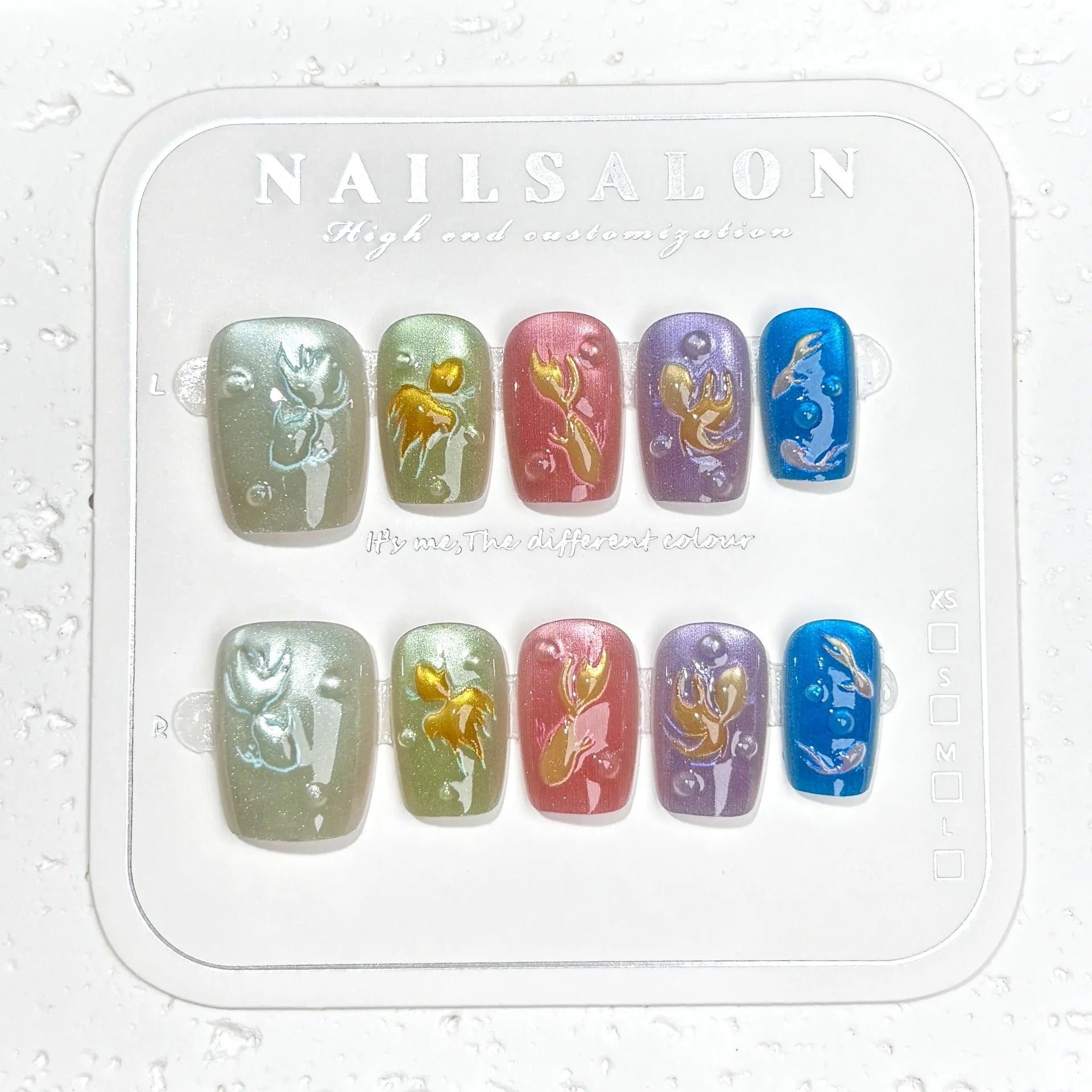 10pcs Colorful Handmade False Nails Set Cat's Eye Short Square Round Press on Fake Nails Art Mermaid Design Full Cover Nail Tips