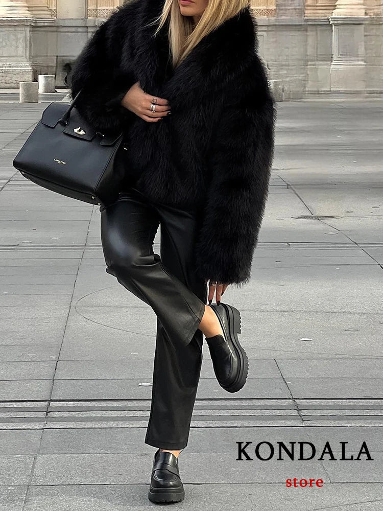 Vintage Faux Fur Oversized Coats Women Fashion Autumn Winter Thick Warm Jackets Casual Pockets Elegant Outwears